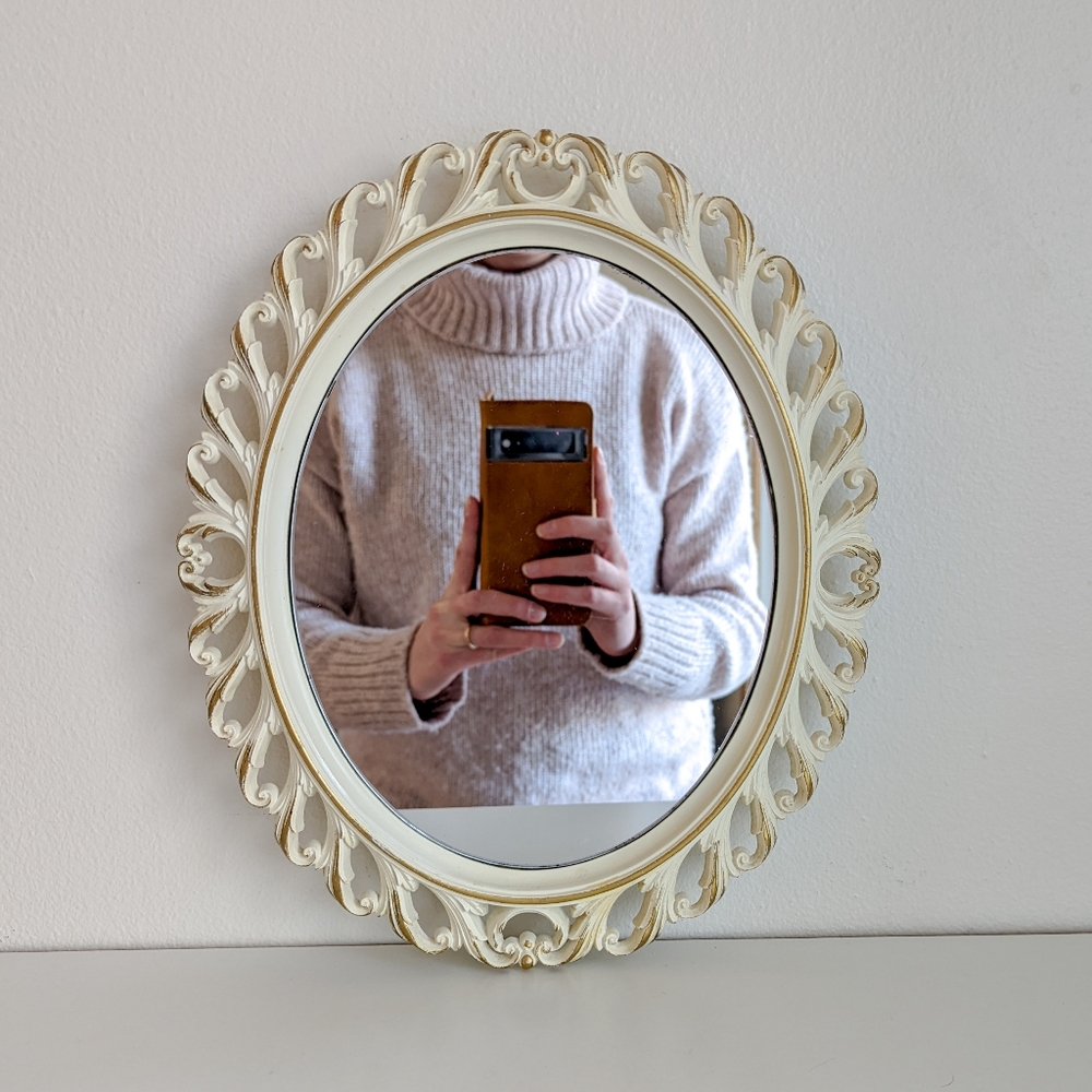 Ornate Cream 1965 Syroco Vanity Mirror with Gold Embellishments